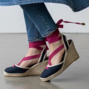 J. Crew Navy & Pink Ballet Leg Tie Espadrille Wedges Size 9 NWOT